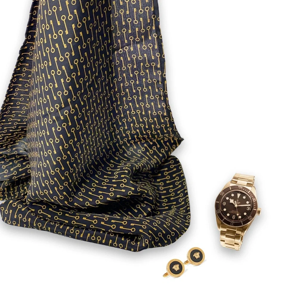 NWT SILKLETTE Keys to Happiness 100% Fine Silk Kerchief Scarf BLACK/GOLD